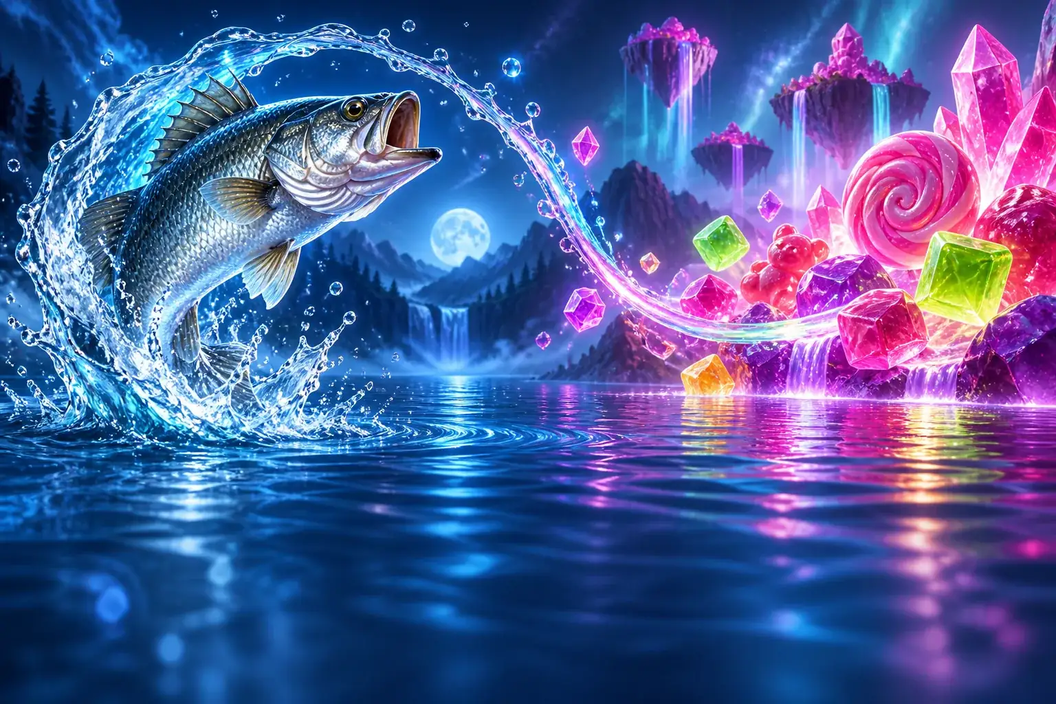Оригинален свят с риболов и цветни кристални сладки